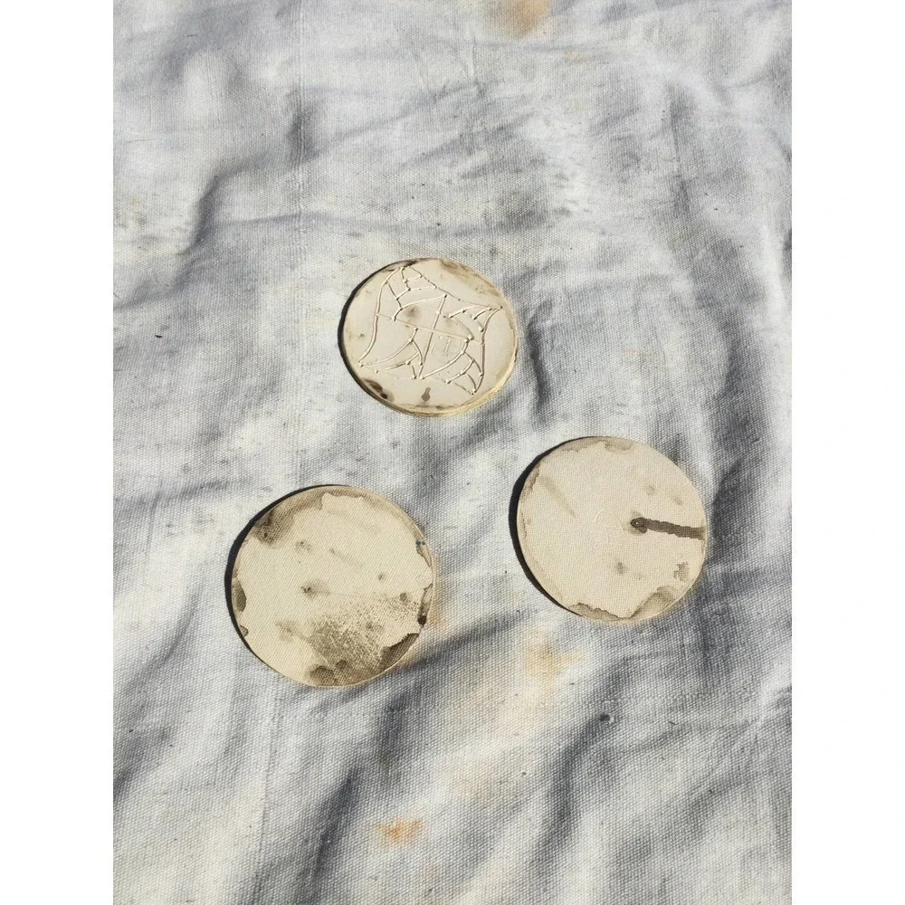 Handmade art pottery coasters set of 3‎ green red cream 4” mushroom signed cells