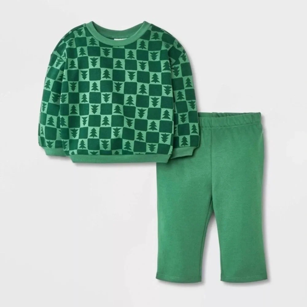 Baby nwt 2pc Holiday Checkered Christmas Tree Fleece Sweatshirt Pants Set Green