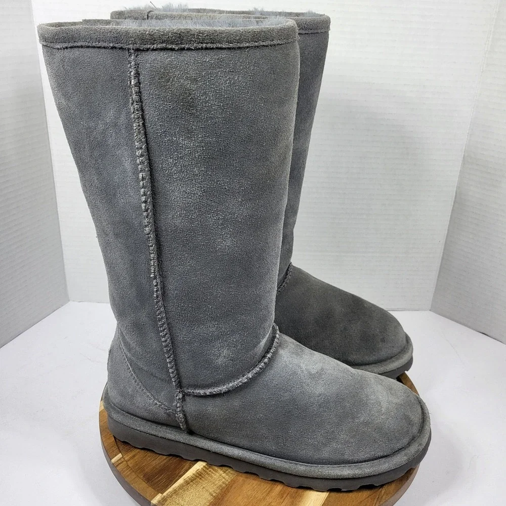 Bearpaw Women's Elle Tall‎ Wide Calf Suede Sheepskin Boots Charcoal Grey Size 8