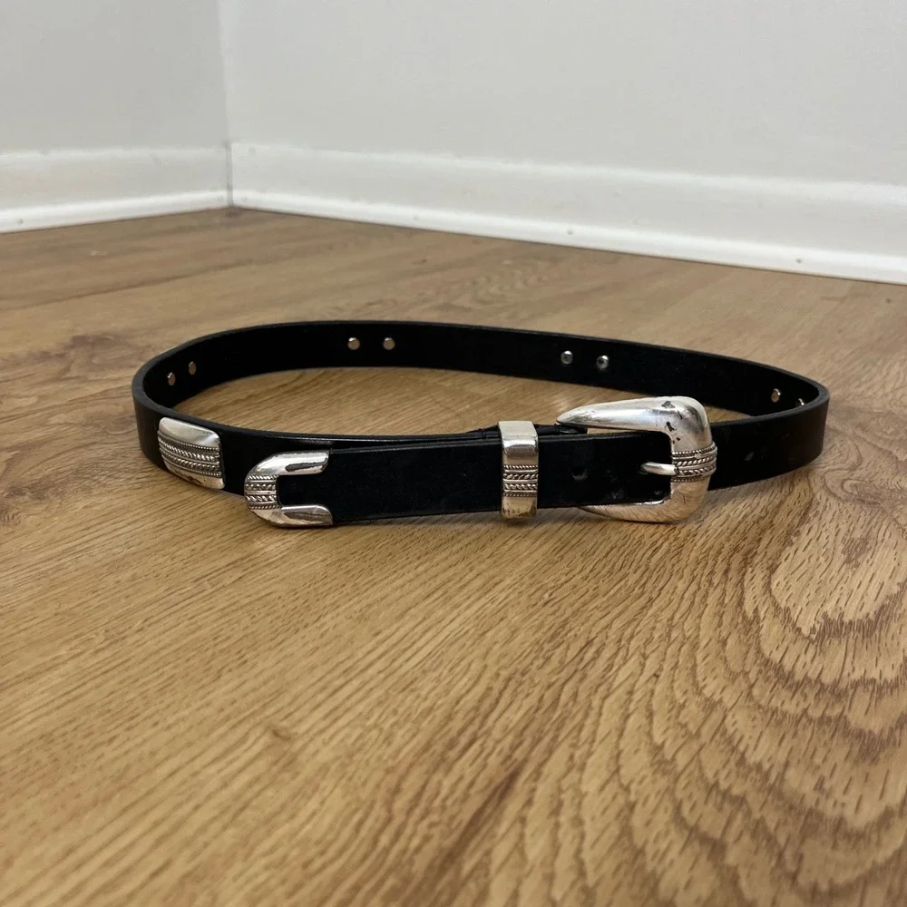 Vintage Lejon Western Boho Italian Saddle Leather Belt M Black Silver Concho US