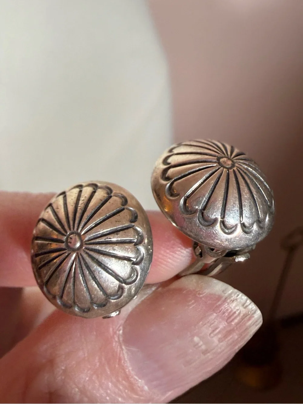 Native American Navajo Sterling silver Signed hand stamped small clip earrings