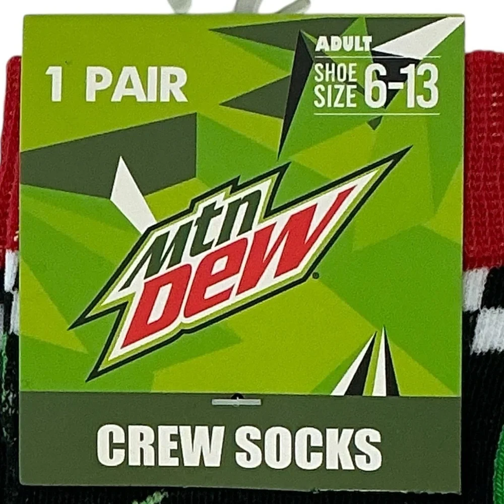 Mountain Dew Crew Socks Novelty Reinforce Toe Black Green Red Unisex Men 6-13
