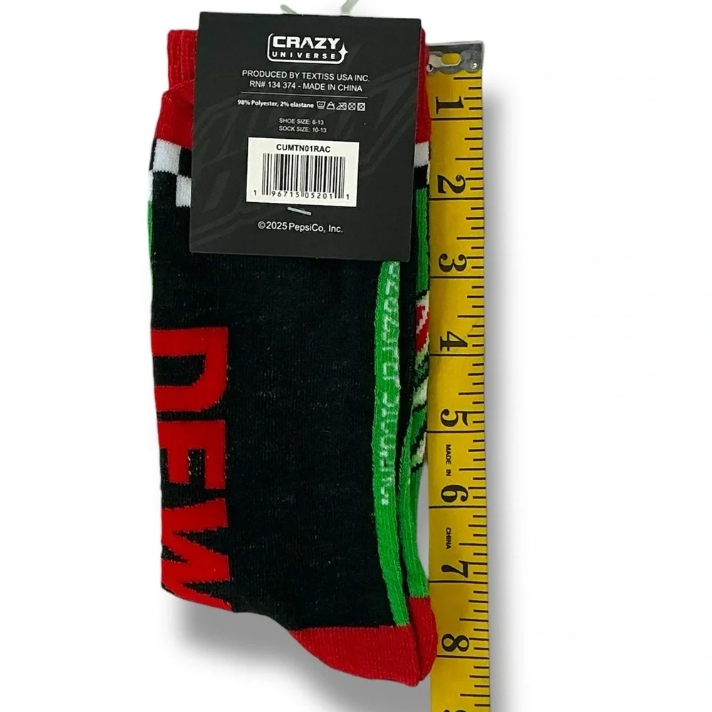 Mountain Dew Crew Socks Novelty Reinforce Toe Black Green Red Unisex Men 6-13