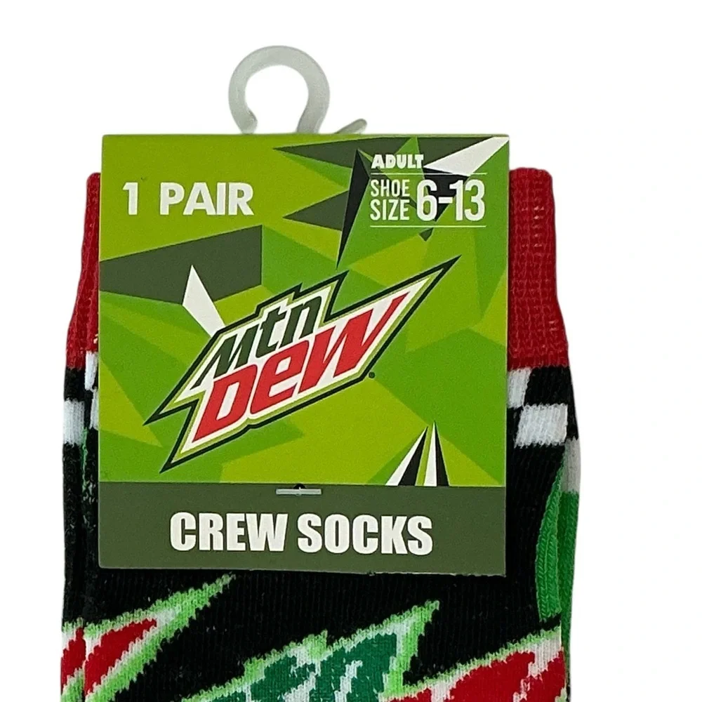 Mountain Dew Crew Socks Novelty Reinforce Toe Black Green Red Unisex Men 6-13
