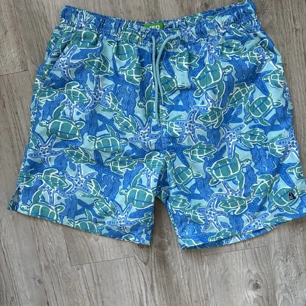 TED Lapidus Men's Swim Trunks Blue/Green Sea Turtle Starfish Print Size XL