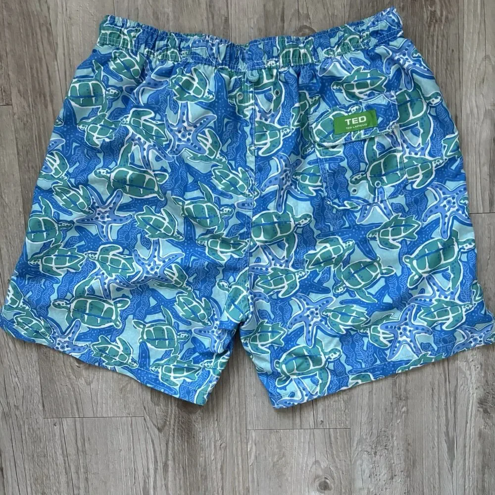 TED Lapidus Men's Swim Trunks Blue/Green Sea Turtle Starfish Print Size XL