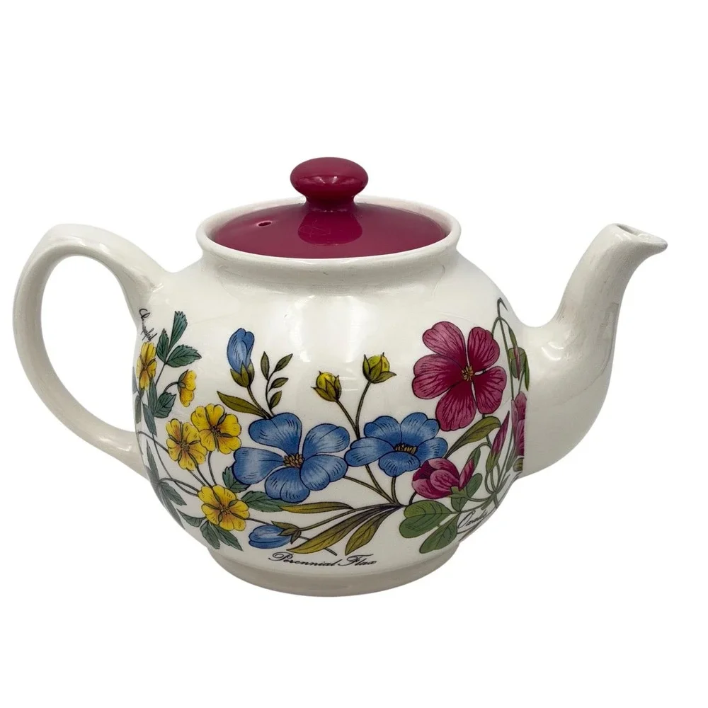 Vtg Sadler England Botanic 6 Cup Teapot‎ Floral Wildflower Perennial Magenta Lid