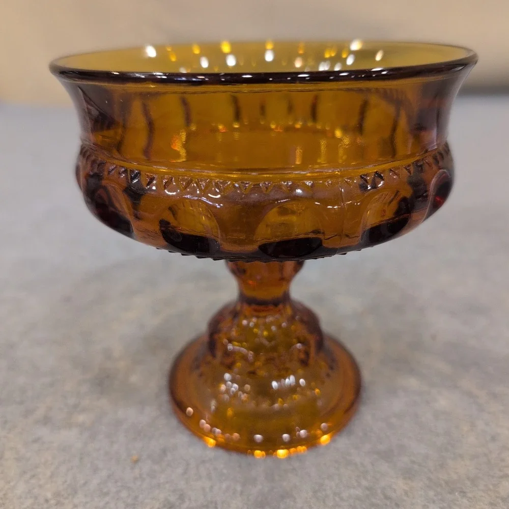 Indiana Glass‎ Co Amber Kings Crown Thumbprint Compote Candy Dish MCM Glassware