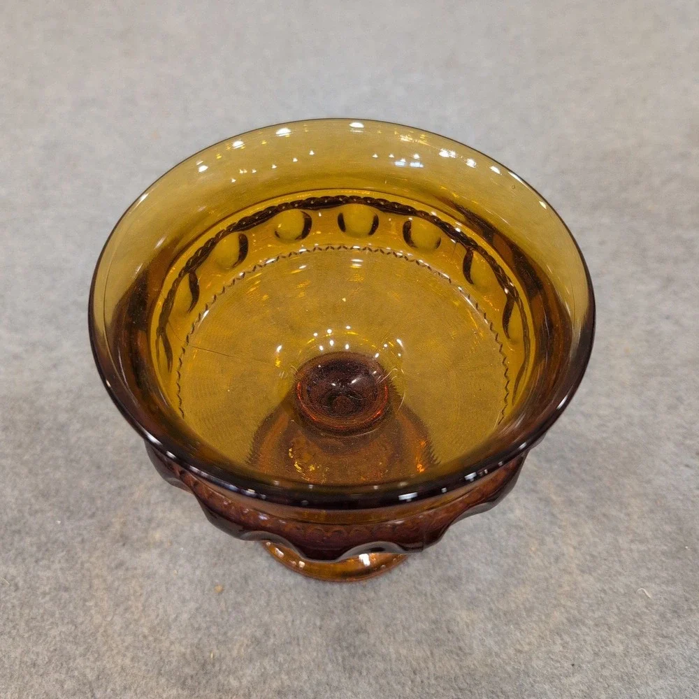 Indiana Glass‎ Co Amber Kings Crown Thumbprint Compote Candy Dish MCM Glassware