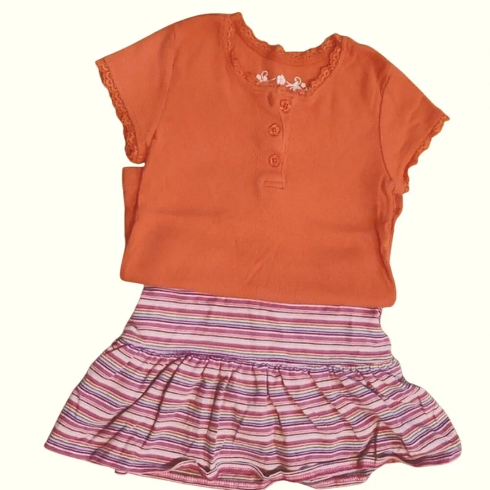 Children's Place Girls Orange Ribbed Short Sleeve Shirt‎ w Striped Skirt Size 5