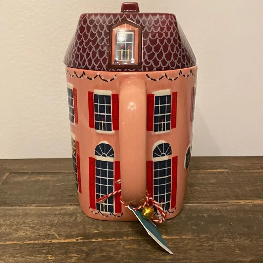 NWT ANTHROPOLOGIE Christmas Chalet Teapot Holiday House Pink Red