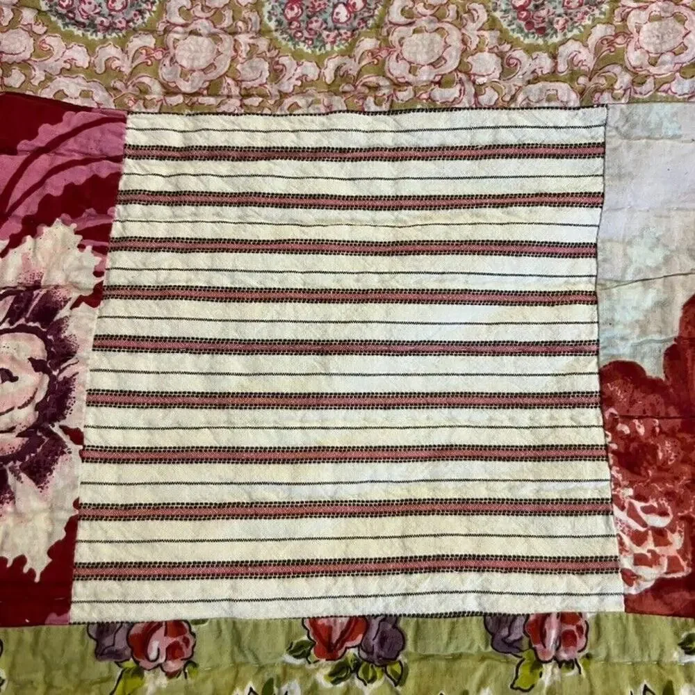 POTTERY BARN Quilt Cranberry Red Pink Patchwork Floral Reversible Stripe Queen