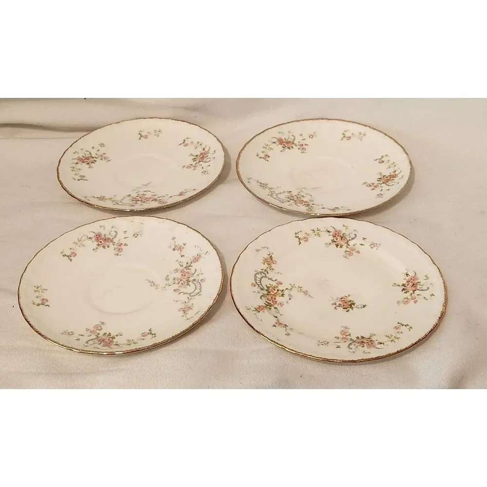 Pope Gosser USA Plates Bread/Salad Pink w/Gold Scalloped‎ Trim 4 Plates