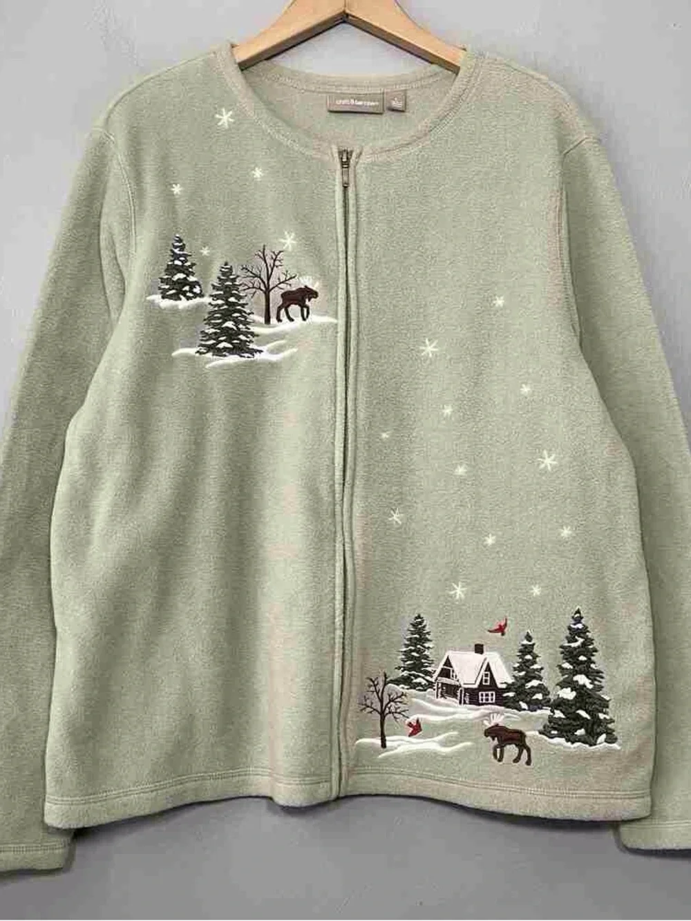 L.L. Bean Sage Green Zip Front Holiday Embroidered Cardigan
