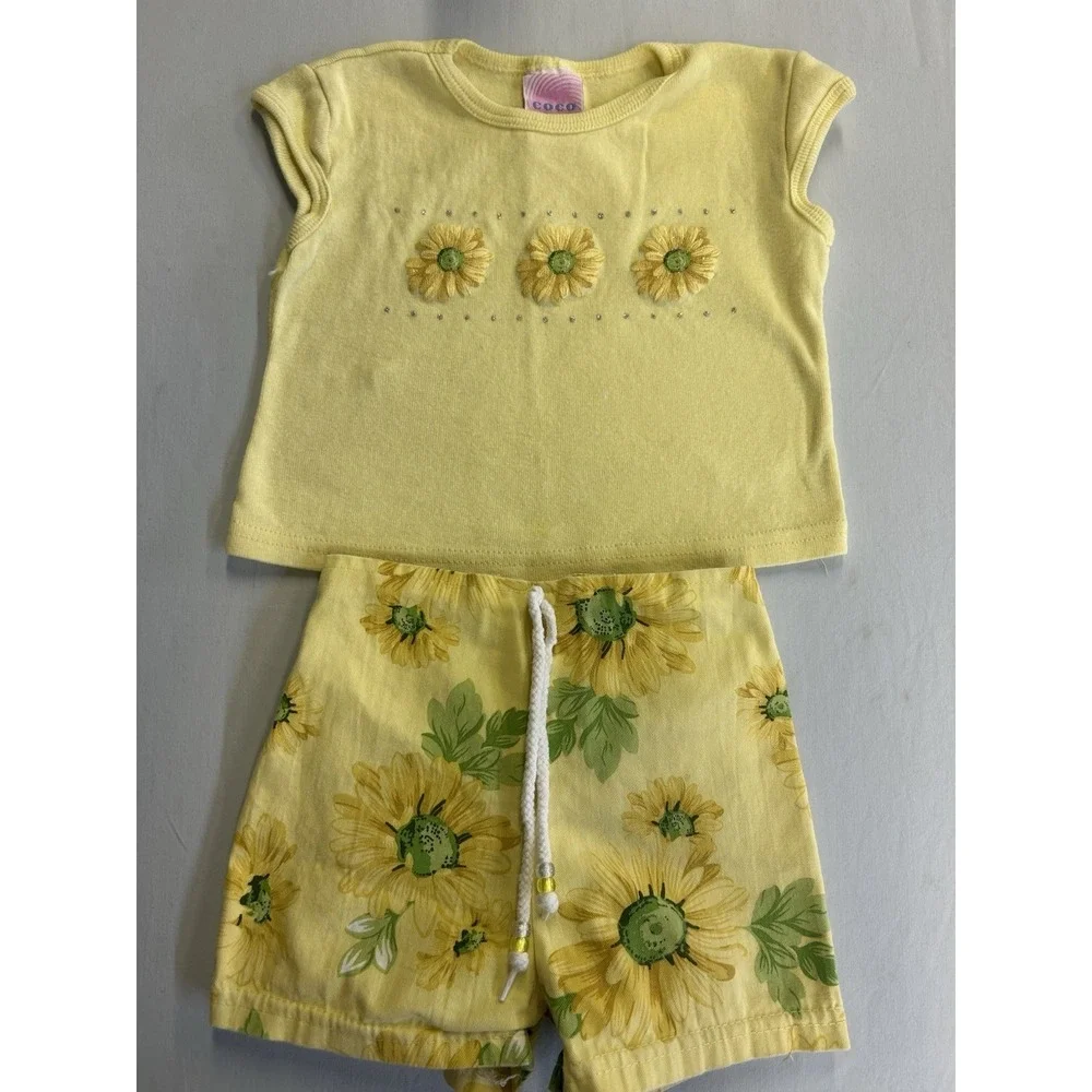 Vintage Daisy / Sunflower Floral Print 2 Pc Set By Coco Pop Size Child 4T USA