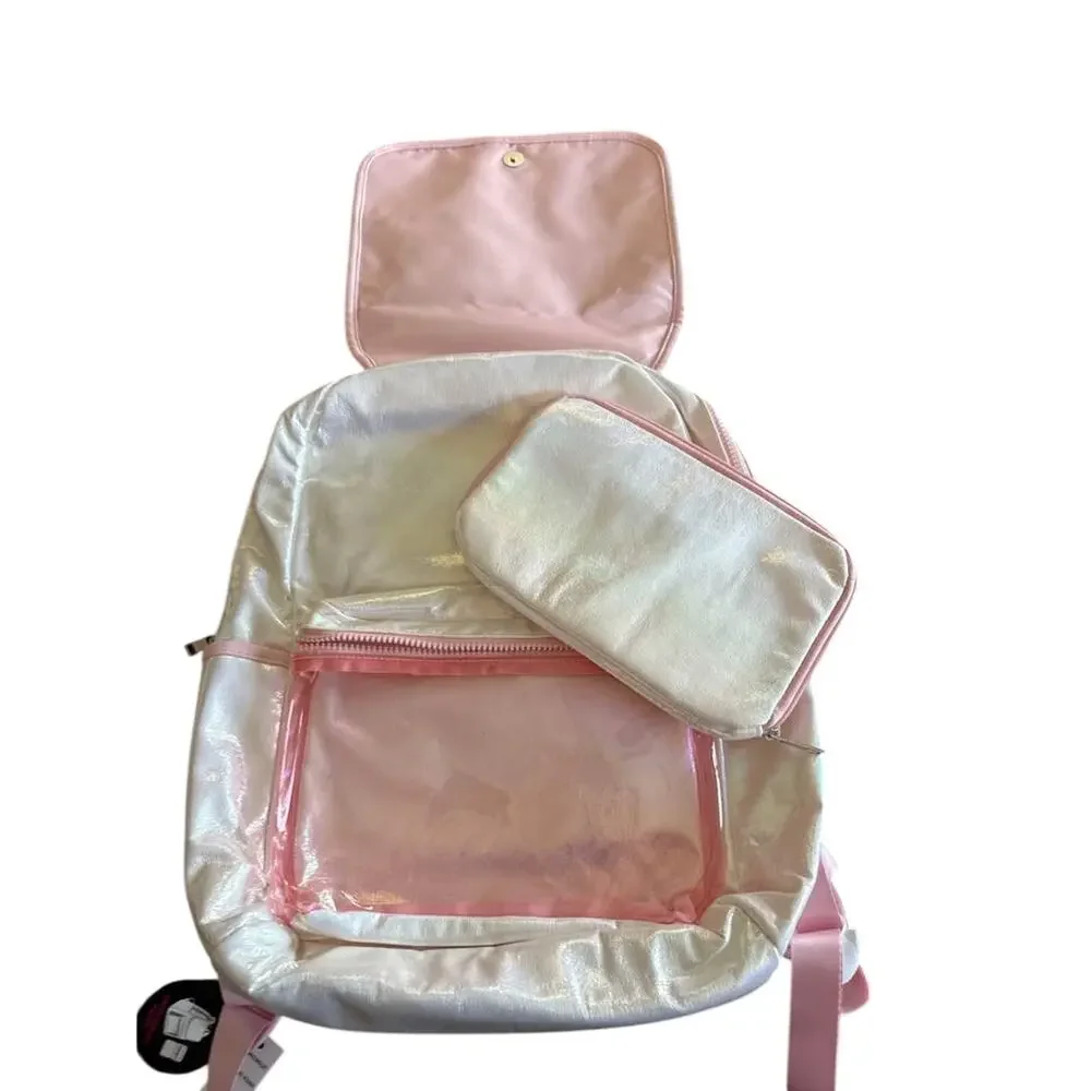 Girls Iridescent Pearl Pink Backpack Organizer Pouch School Travel NWT