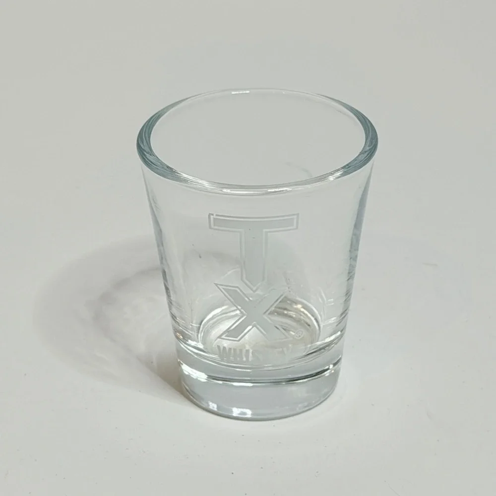TX Whiskey Etched Shot Glass Firestone & Robertson Clear Barware Texas Logo
