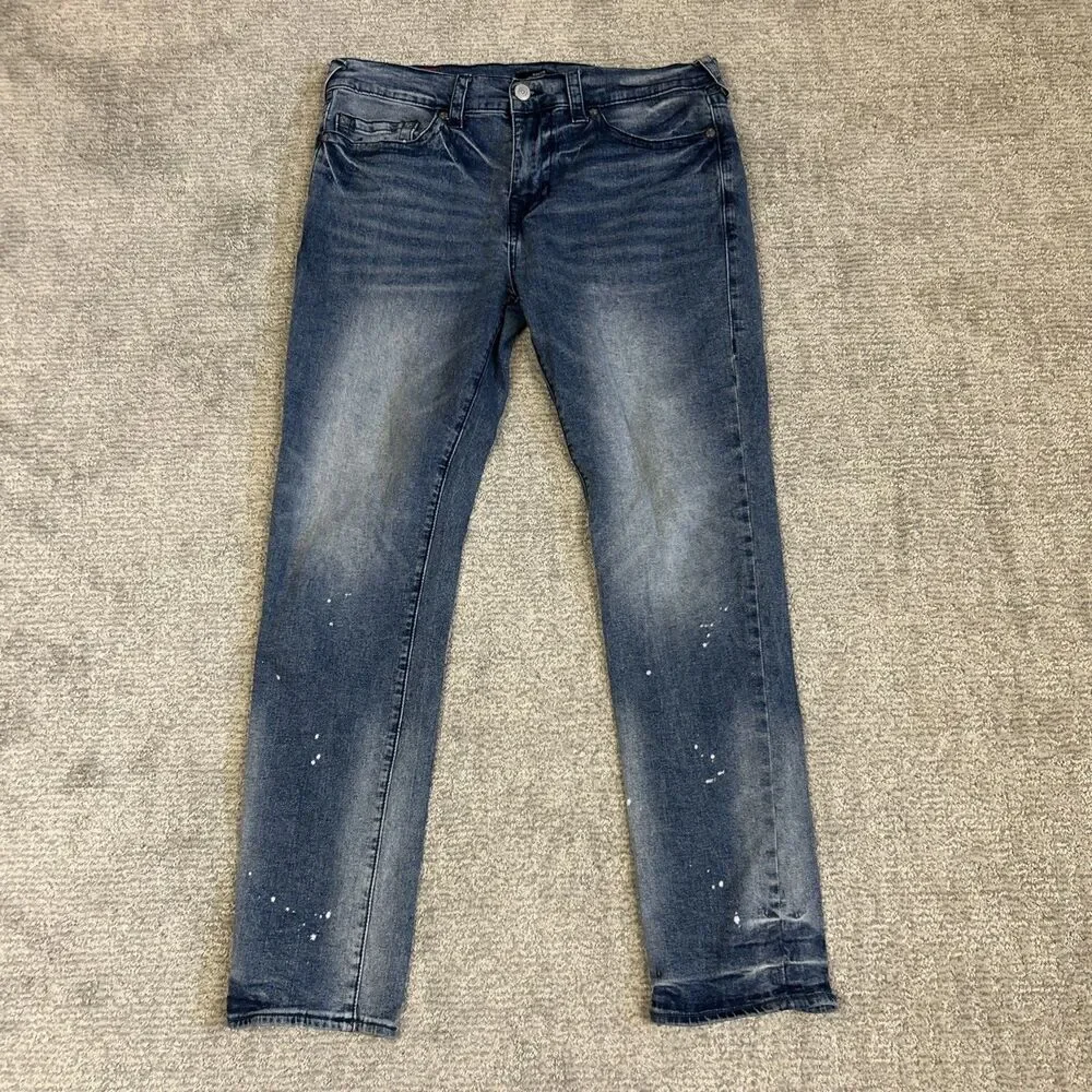 True Religion Jeans Mens 34 Medium Wash Rocco Relaxed Skinny Stretch Splatter