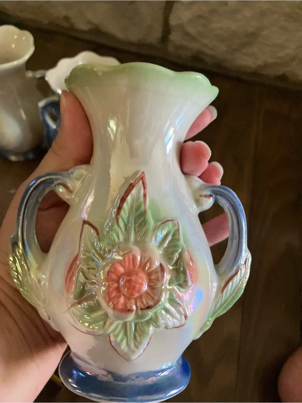 3 Vintage Lusterware Vase Art Pottery Floral Double Handle From Brazil