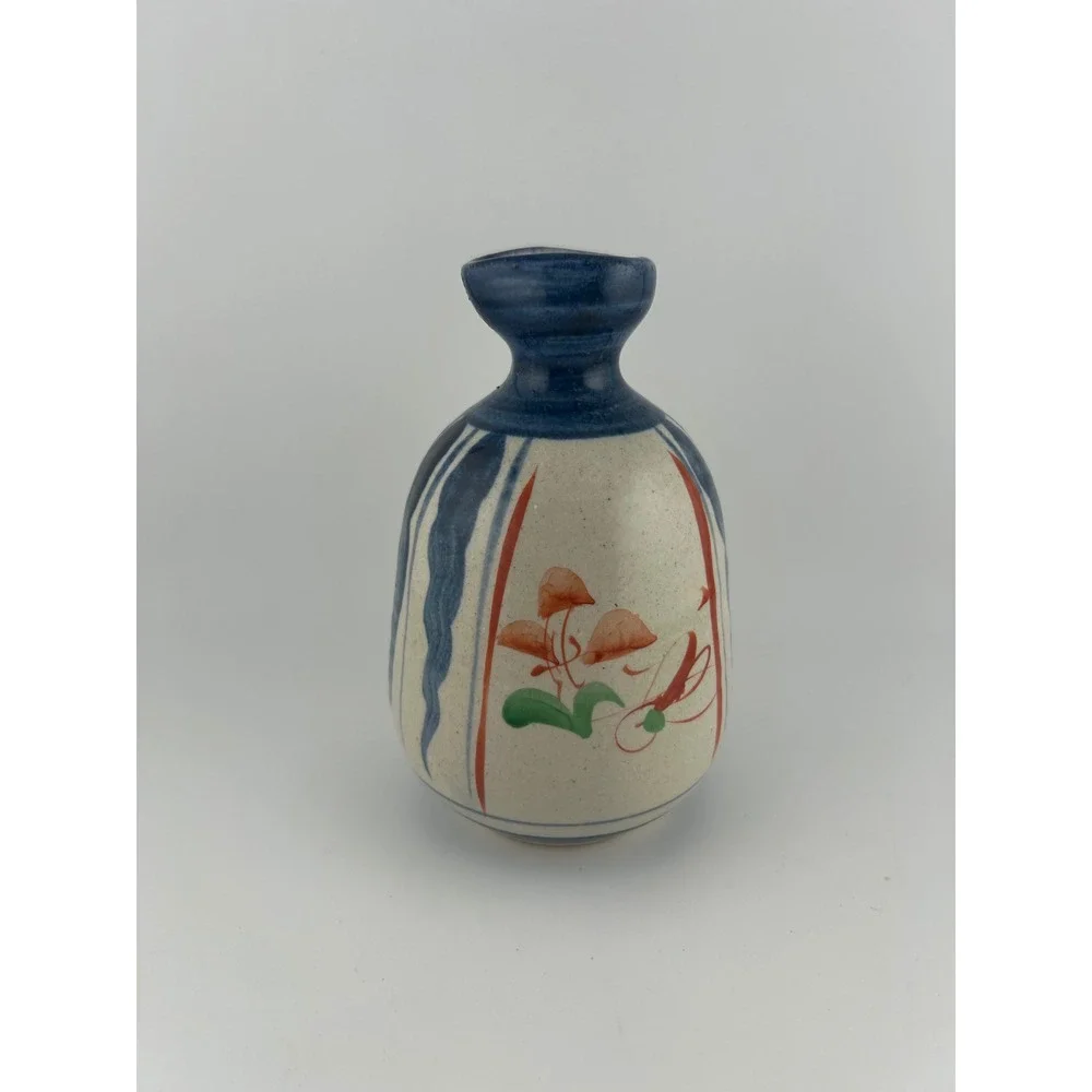 Japanese Ceramic Sake Bottle Vintage Mushroom Floral Design Blue White‎