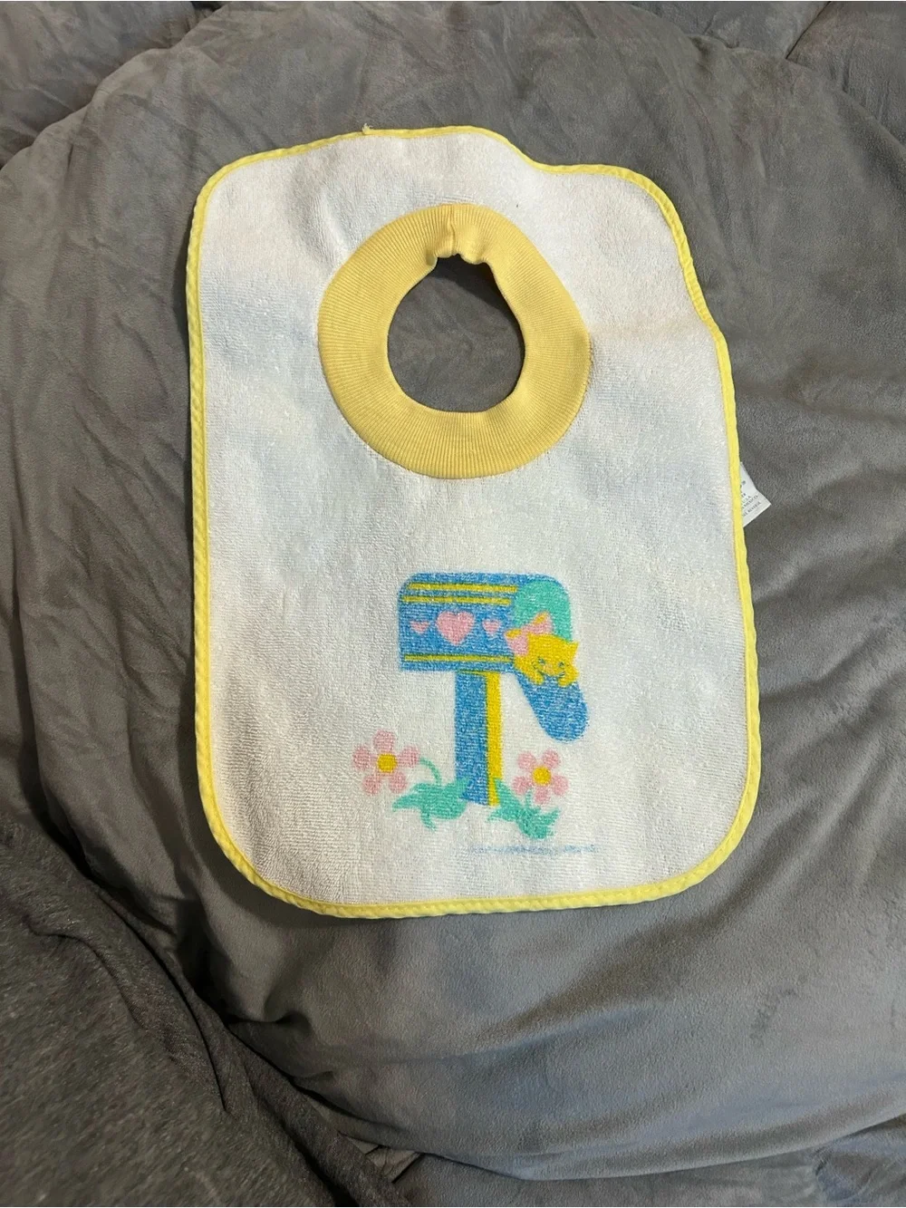 Vintage Yellow-Trim Baby Bib with Mailbox Graphic