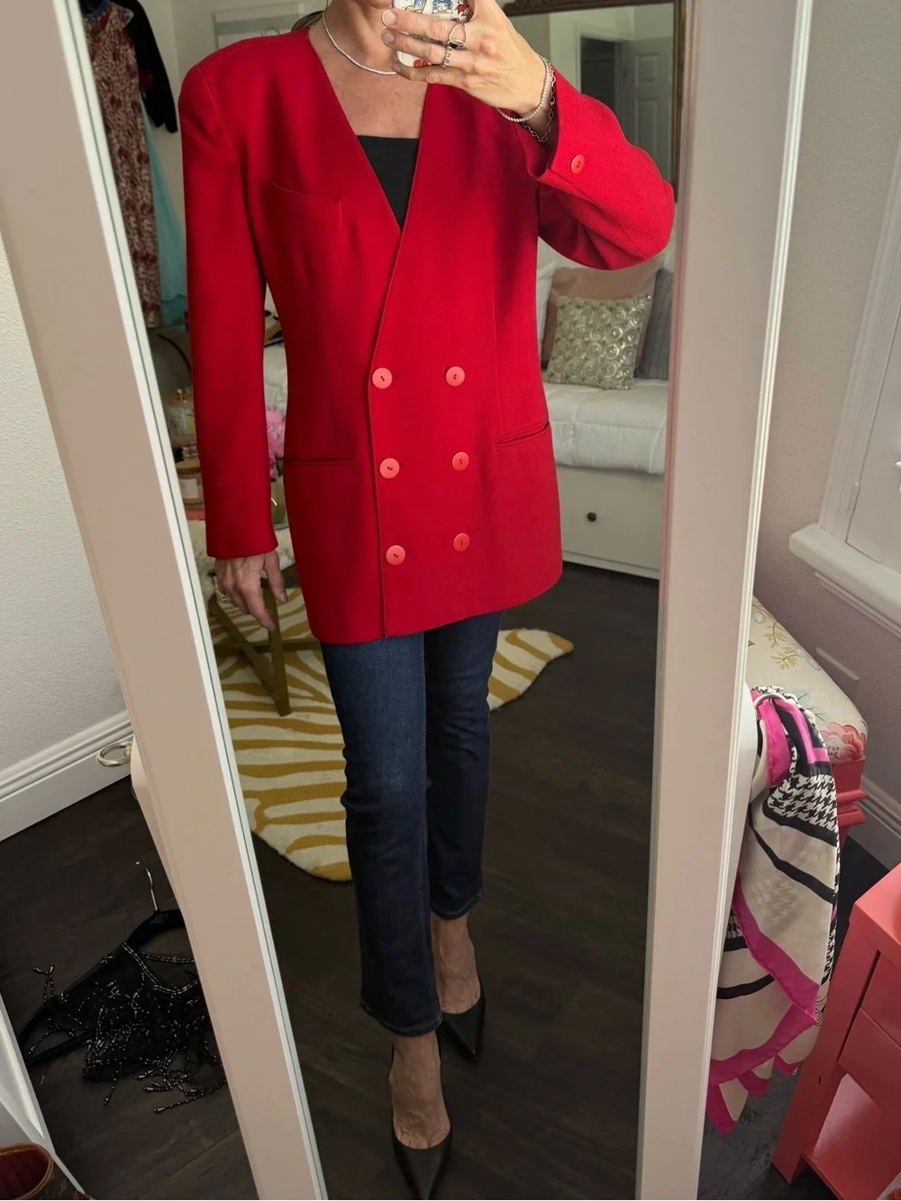 Vintage Christian Dior Red Wool Power Double Breast Blazer USA Paris NY