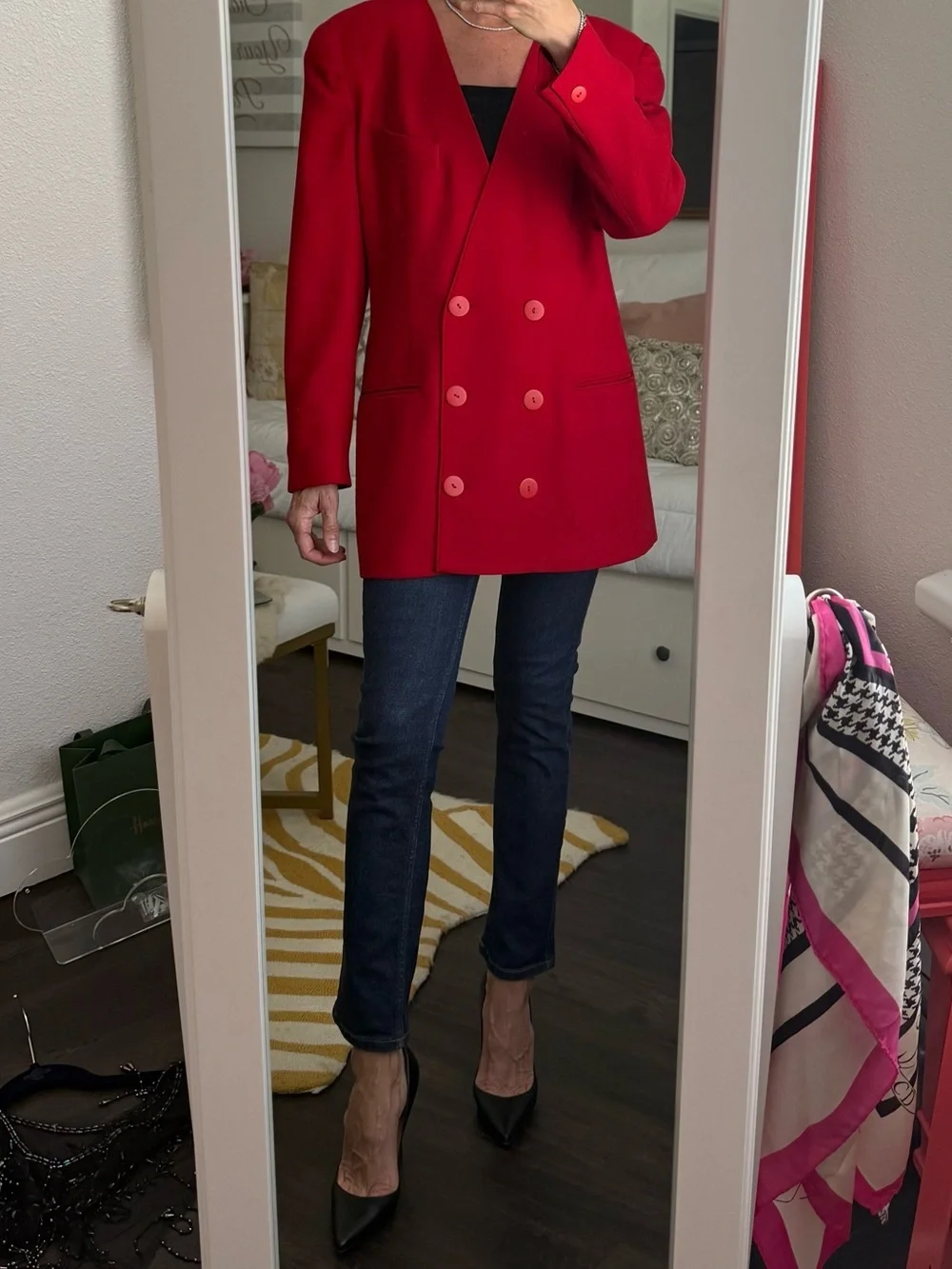 Vintage Christian Dior Red Wool Power Double Breast Blazer USA Paris NY