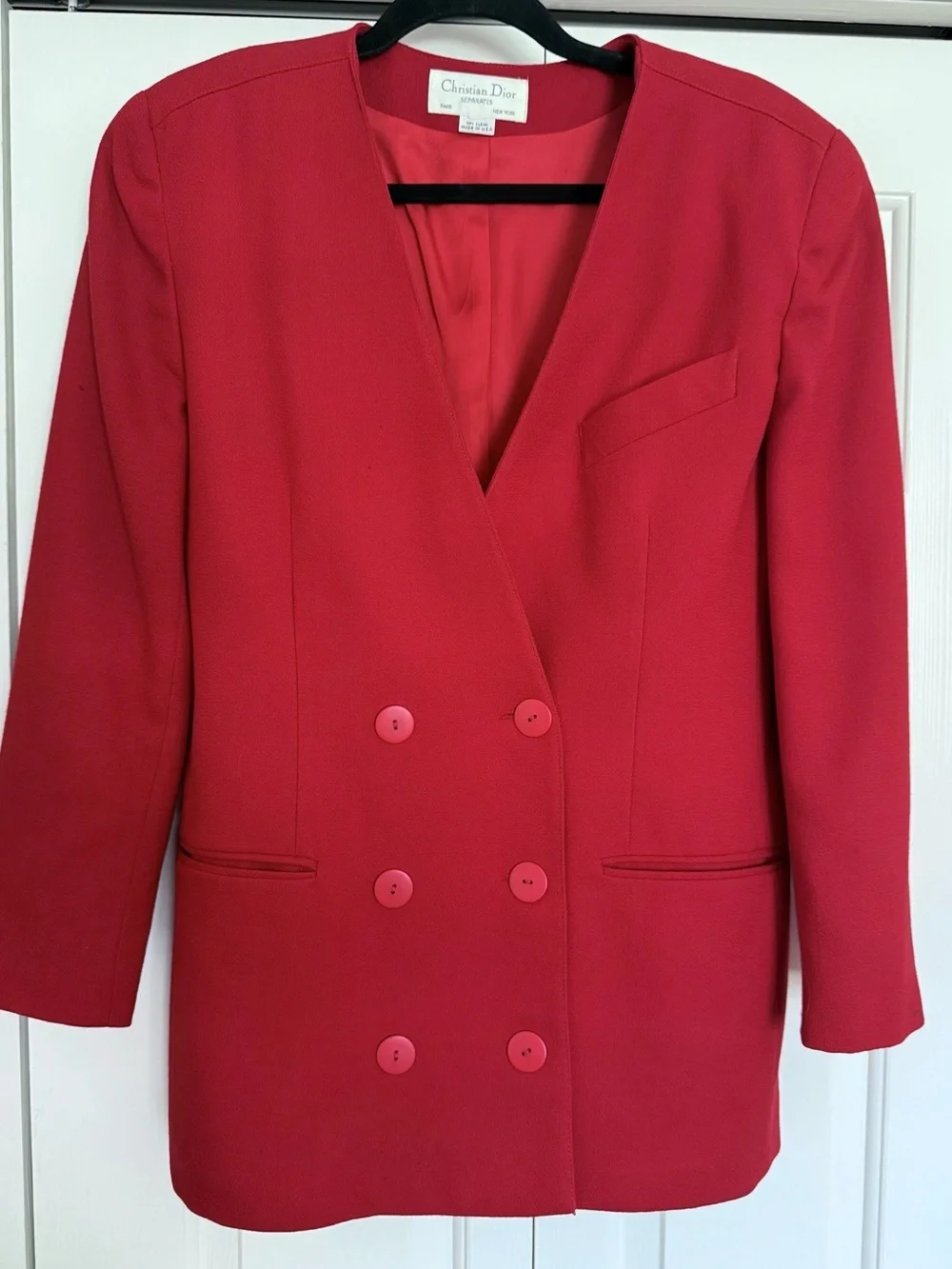 Vintage Christian Dior Red Wool Power Double Breast Blazer USA Paris NY