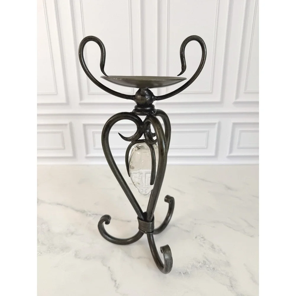 VTG Wrought Iron Candle Holder w/Clear Glass Strawberry Insert 12