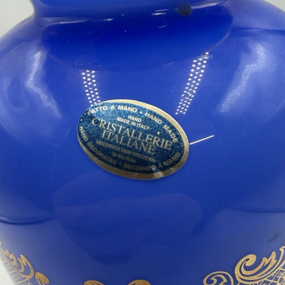 Handmade Italian Cristallerie Cobalt Blue24k Gold Accent Vase Mid Century Modern