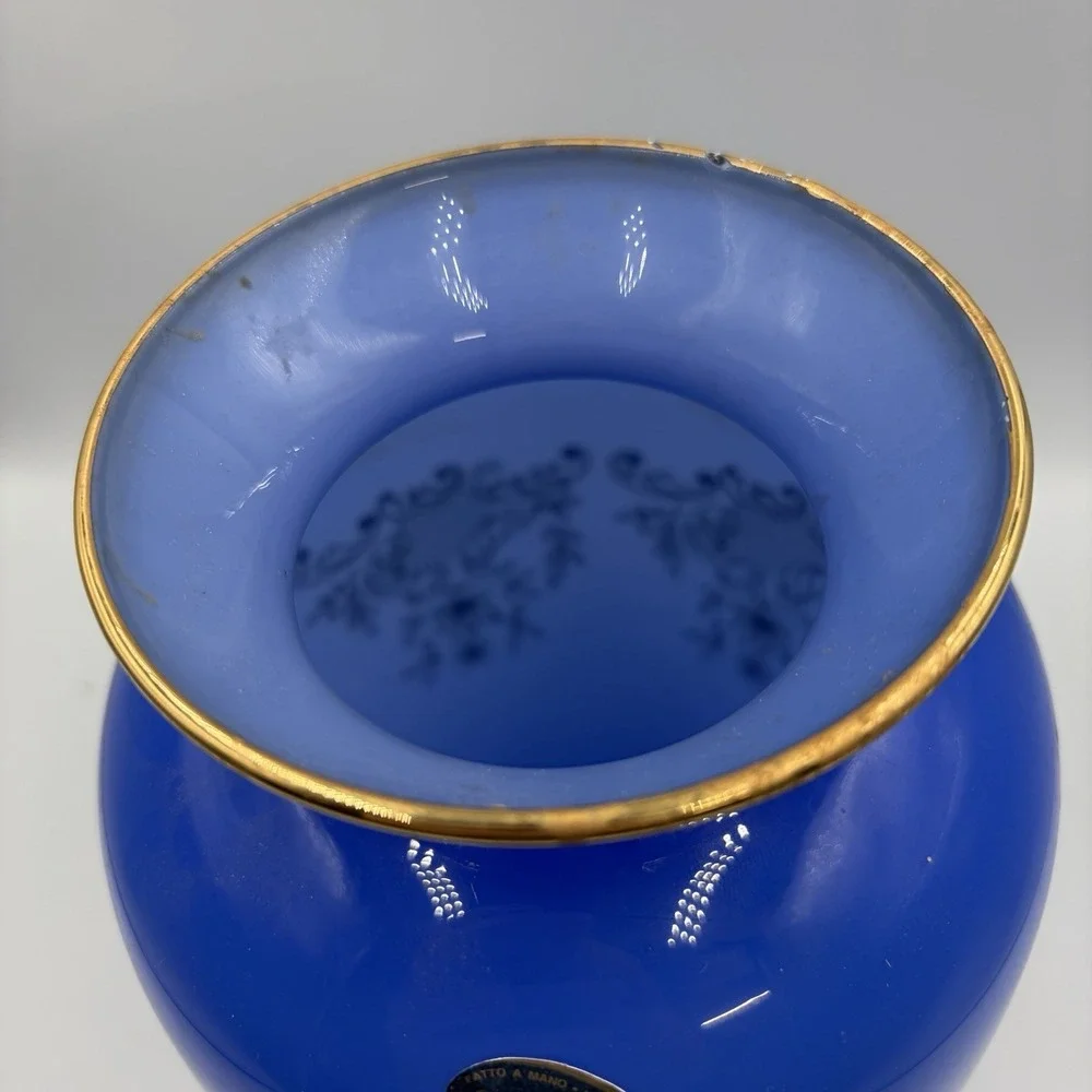 Handmade Italian Cristallerie Cobalt Blue24k Gold Accent Vase Mid Century Modern
