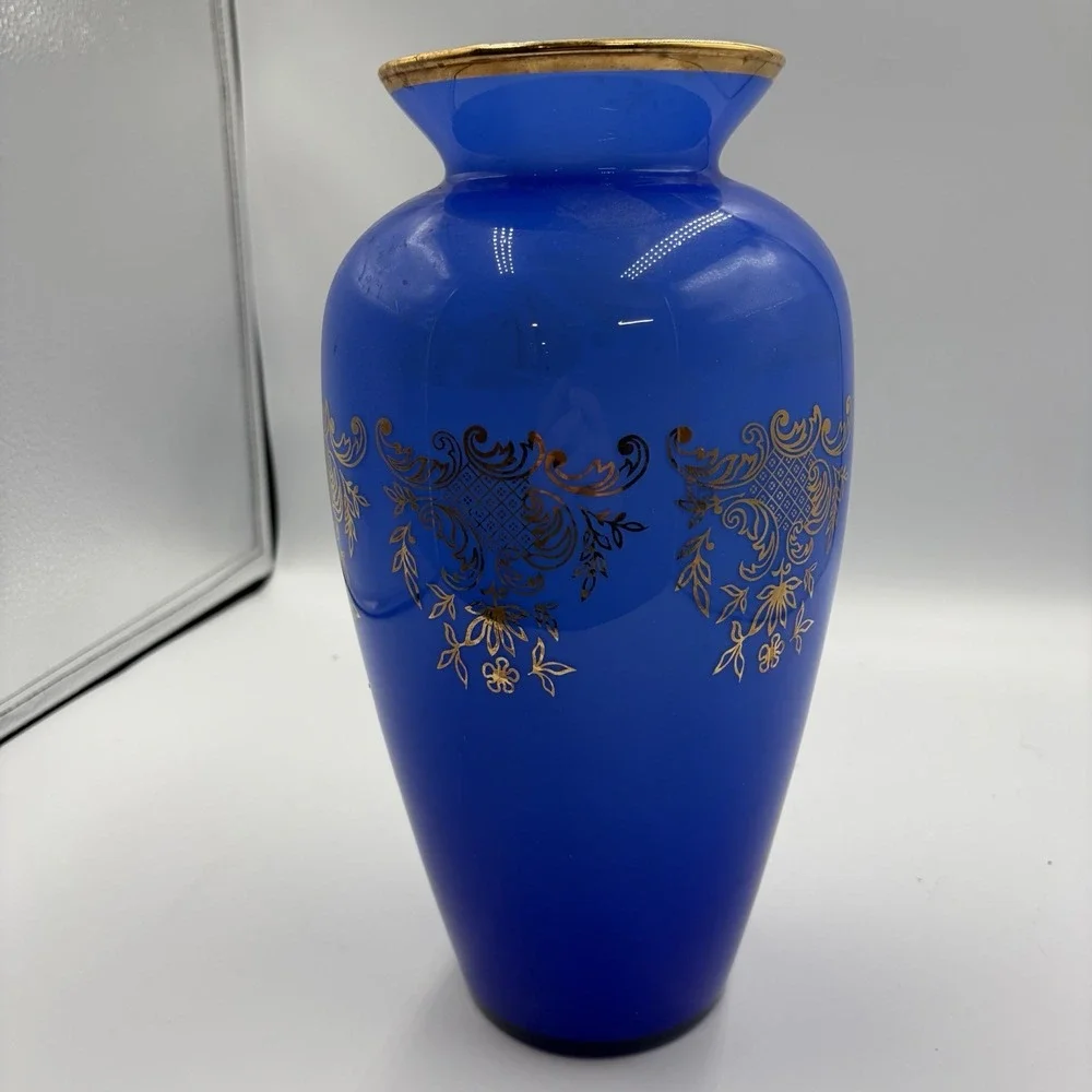 Handmade Italian Cristallerie Cobalt Blue24k Gold Accent Vase Mid Century Modern