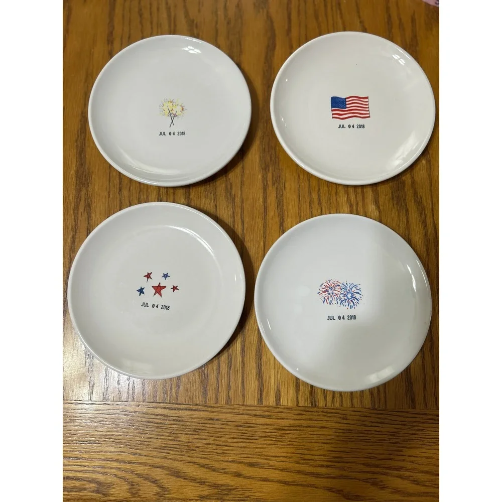 Rae Dunn White Dessert Plates with Red, Blue & Gold Patriotic Motifs - Set of 4