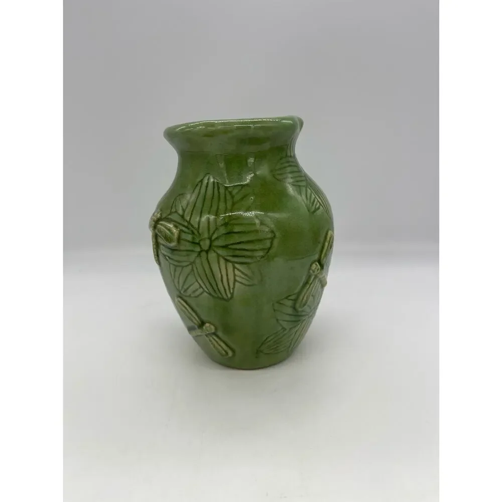 Four Corner Green Ceramic Dragonfly & Flowers Embossed Vase 6.75