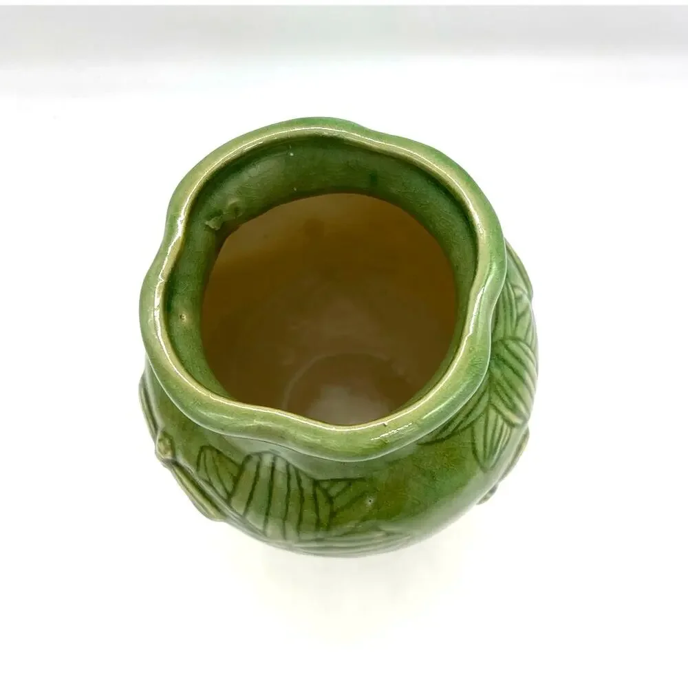 Four Corner Green Ceramic Dragonfly & Flowers Embossed Vase 6.75