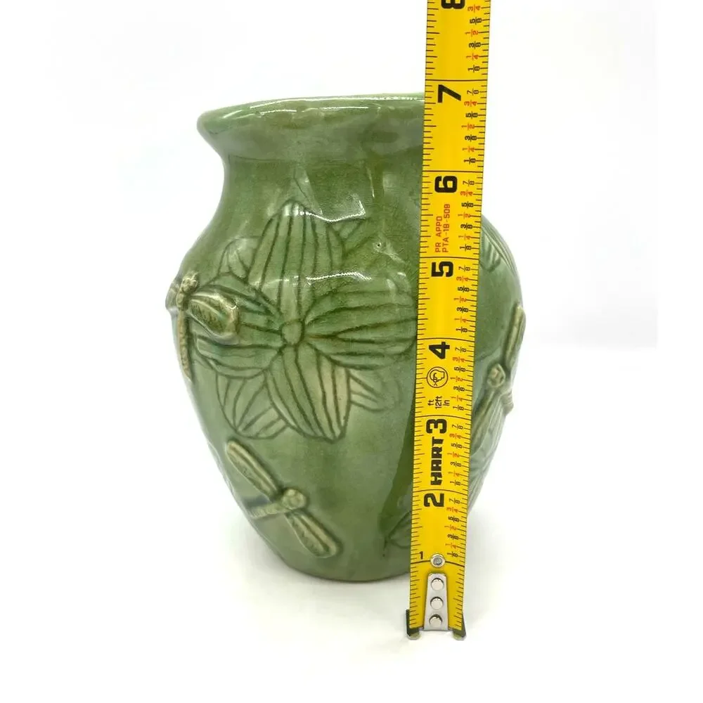 Four Corner Green Ceramic Dragonfly & Flowers Embossed Vase 6.75