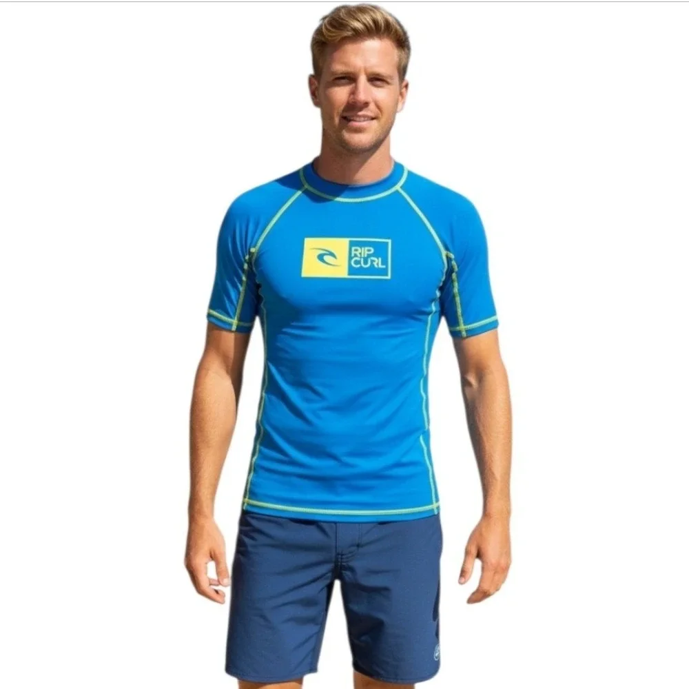 Rip Curl Mens Rash Guard Shirt Blue Yellow Logo UPF‎ 50 Short Sleeve XL