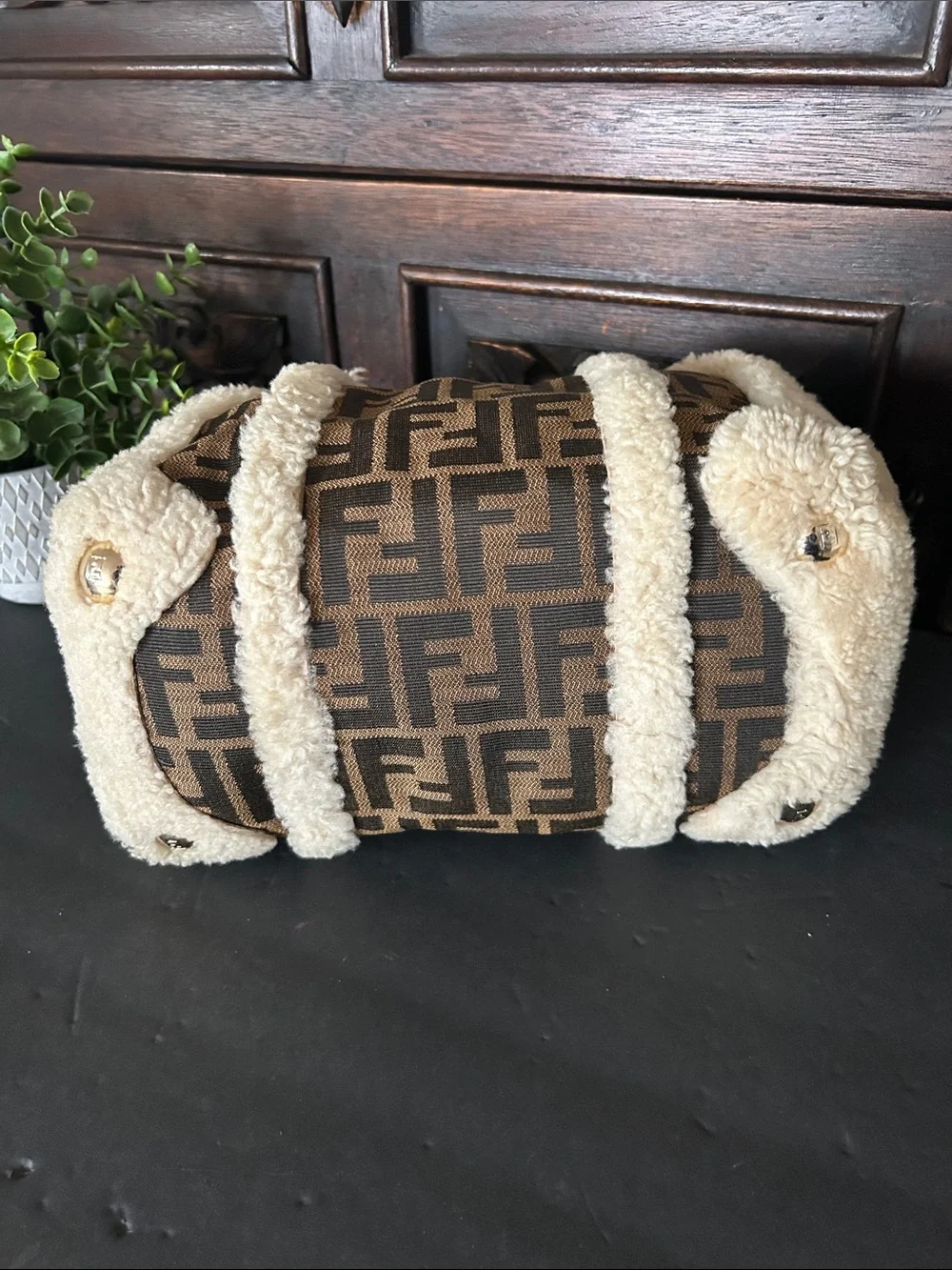 Brown Monogram Satchel with Cream Shearling Trim