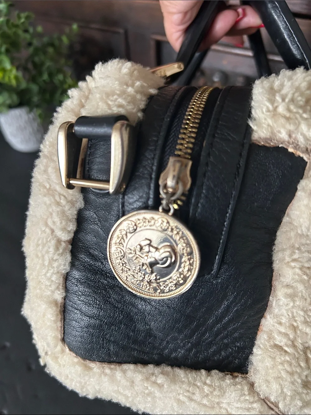 Brown Monogram Satchel with Cream Shearling Trim