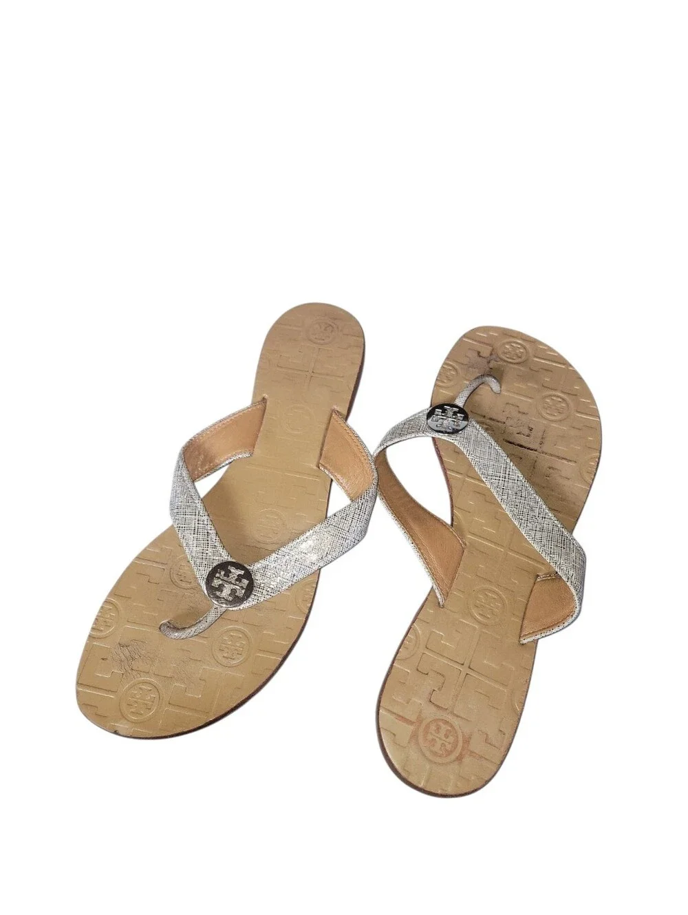 Tory Burch Thora  Metallic Silver Straps Leather W/Gold Logo Thong Sandals 8M