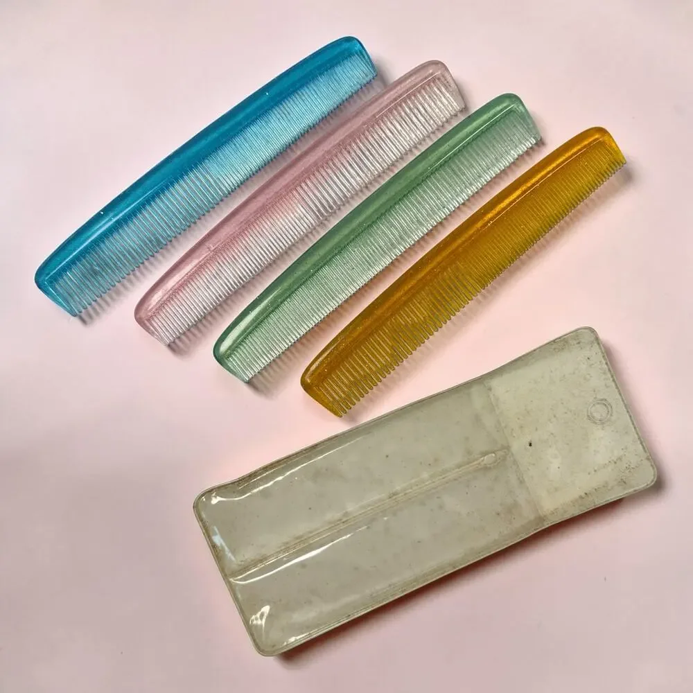 Vintage Sparkle Plastic Pocket Combs Set 4 Pastel Blue Pink Green Amber w/ Case