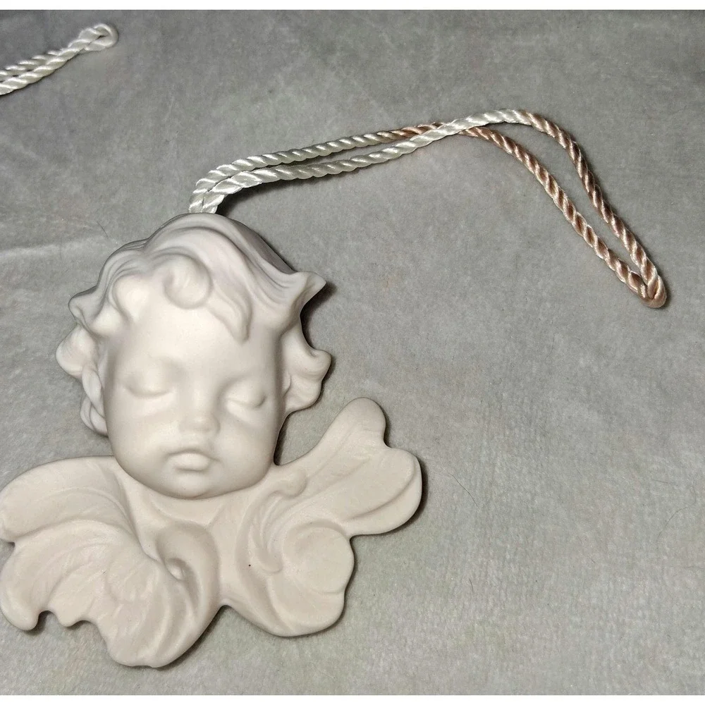 Pair of White Porcelain Angel Ornaments | Cherub Head Hanging Decor