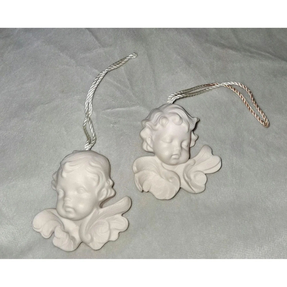 Pair of White Porcelain Angel Ornaments | Cherub Head Hanging Decor