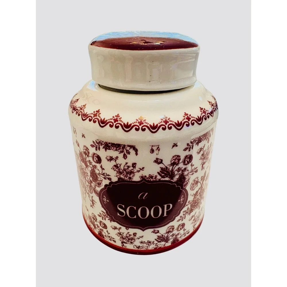Vintage Style Ceramic Floral Toile Kitchen Canister a SCOOP Burgundy‎ White Jar