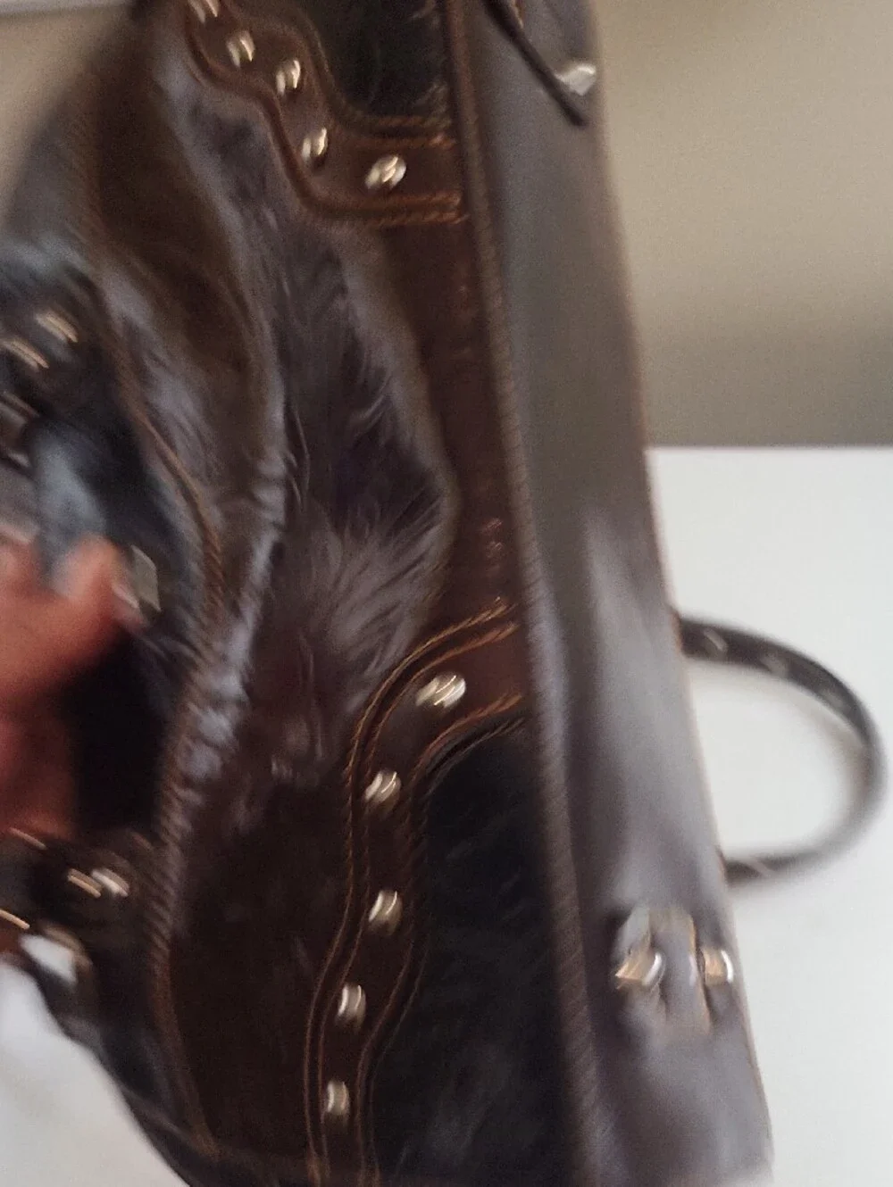 MC, Mark Chantel Dark Brown Embossed Shoulder Bag with Studded Trim