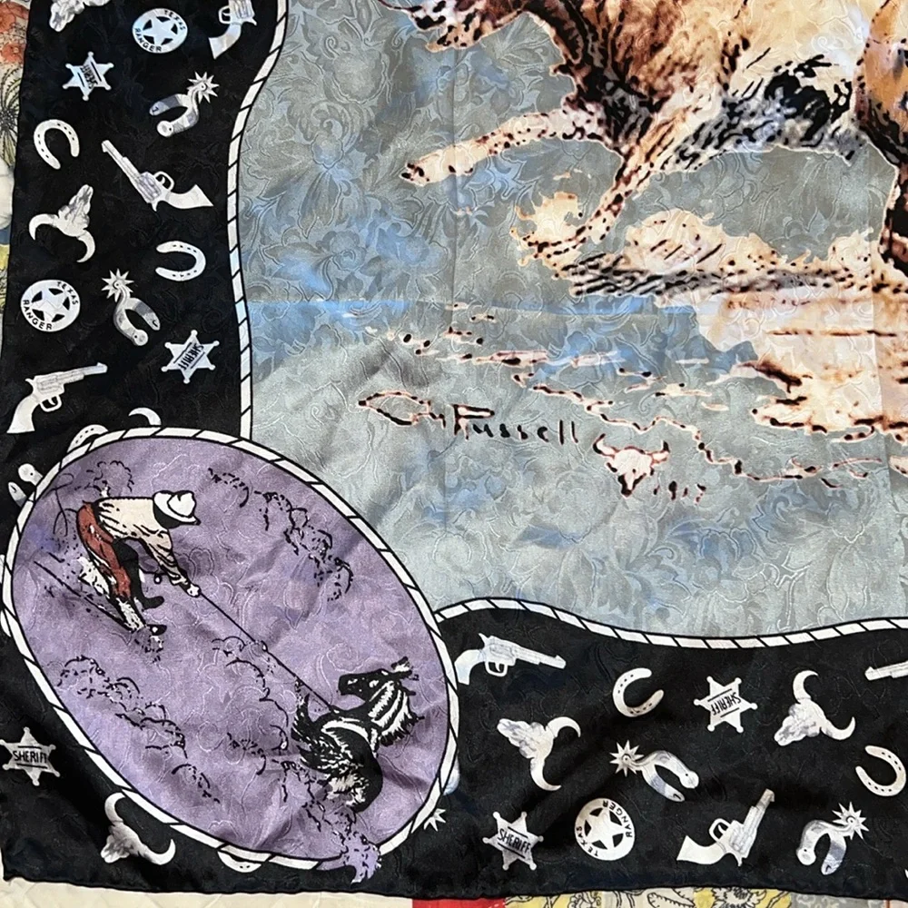 C.M. Russell large western cowboy silk scarf horse equine 34” square hand rolled