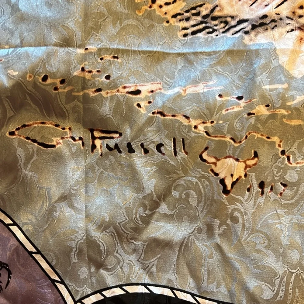 C.M. Russell large western cowboy silk scarf horse equine 34” square hand rolled