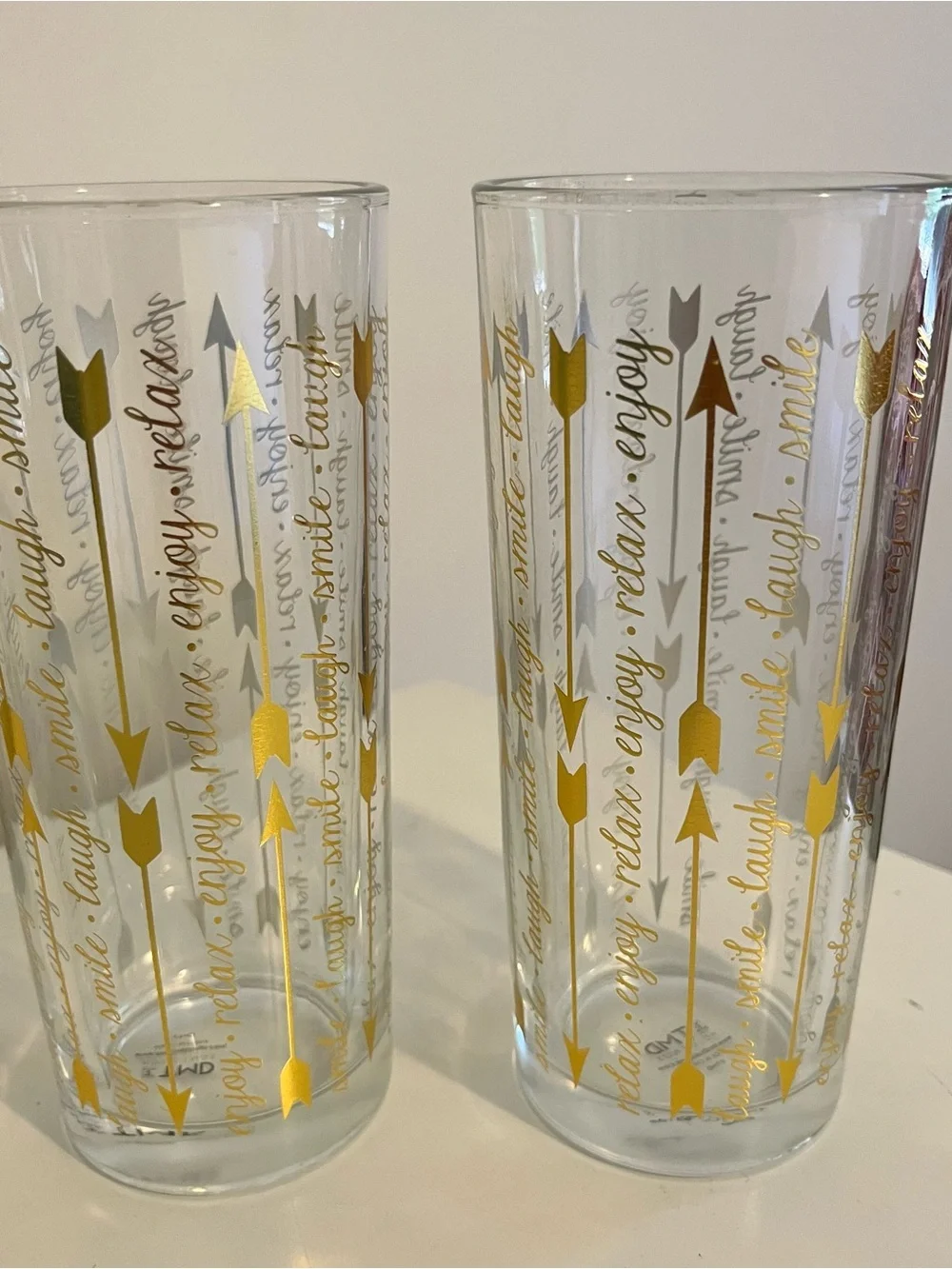 Vtg TMD HOLDINGS Gold Arrows High Ball Glasses Set Of 4 Smile Laugh, Enjoy Relax