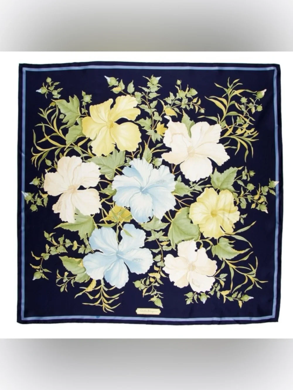 Salvatore Ferragamo Floral Silk Scarf in Navy with Pastel Blooms