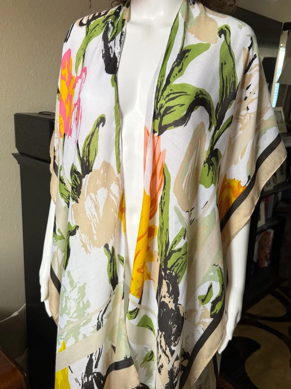 Floral Open Front Kimono in White, Green & Bright Accents